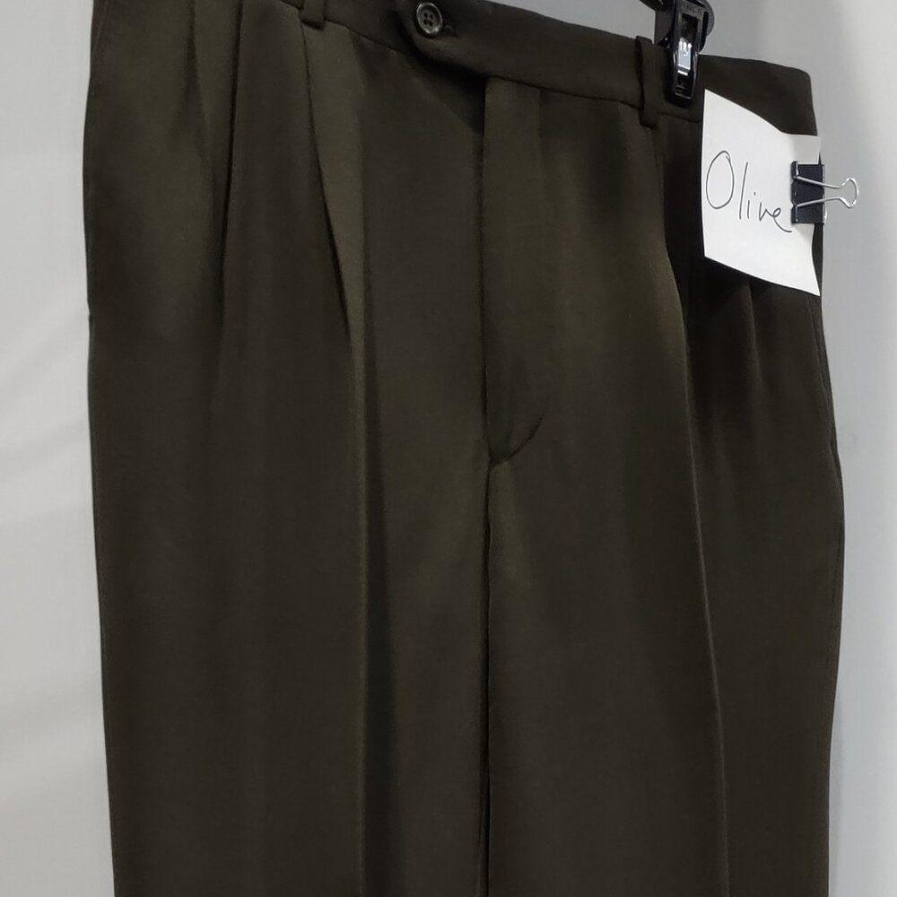 Paul Dione olive, uncuffed, pleated Pants (32 in waist)